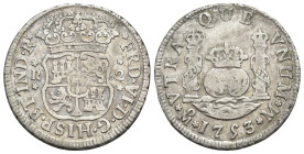 FERNANDO VI. 2 reales. 1753. México. M. 6,49 g. 26,8 mm. VI-229. Fina raya en anv. MBC-. Escasa.