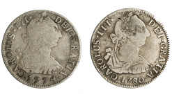 CARLOS III. Lote de 2 piezas de 2 reales de Potosí 1774 y 1780. BC+.