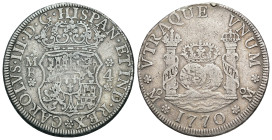 CARLOS III. 4 reales. 1770. México. MF. AR 13,33 g. 32,2 mm. VI-756. Soldadura en canto. MBC-.