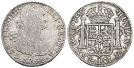CARLOS IV. 8 reales. 1792. México. FM. 26,71 g. 38,5 mm. VI-788. Pequeñas marcas. MBC-/MBC.