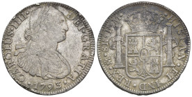 CARLOS IV. 8 reales. 1793. México. FM. AR 26,71 g. 38,9 mm. VI-789. Oxidaciones en rev. MBC-.