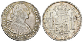 CARLOS IV. 8 reales. 1803. México. FT. AR 26,91 g. 39,5 mm. VI-800. Ligera plata agria. MBC-/MBC.
