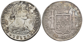 FERNANDO VII. 8 reales. 1811. Lima. JP. 26,47 g. 39,6 mm. VI-1040. Fuertes oxidaciones. MBC.