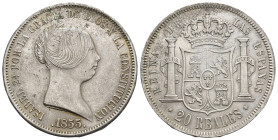 ISABEL II. 20 reales. 1855. Madrid. AR 25,69 g. 36,9 mm. VI-511. Pequeñas erosiones en anv. y rev. MBC+.