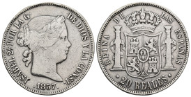 ISABEL II. 20 reales. 1857. Madrid. AR 25,68 g. 36,8 mm. VI-513. Golpes en canto. MBC-.