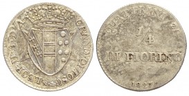 Firenze 1/4 Fiorino 1827

Firenze, Leopoldo II di Lorena, Quarto di Fiorino 1827, Ag mm 16 g 1,70, BB-SPL