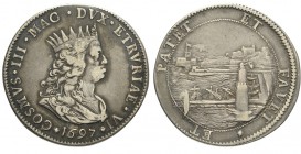 Livorno Tollero 1697

Livorno, Cosimo III Dè Medici, Tollero 1697, Rara Ag mm 42,5 g 26,86, BB