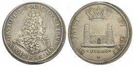 Livorno Tollero 1725

Livorno, Gian Gastone Dè Medici, Tollero 1725, RRR Ag mm 44,3 g 26,96, bella patina, q.SPL