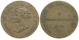 Lucca 5 Centesimi 1806

Lucca, Elisa Bonaparte e Felice Baciocchi, 5 Centesimi 1806, Rara Cu mm 28 g 9,56, BB-SPL