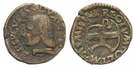 Reggio Emilia Bagattino 1471-1505

Reggio Emilia, Ercole I d'Este (1471-1505), Bagattino con busto virile, Non comune MIR 1268 Cu mm 16 g 2,89 BB