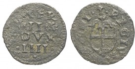 Reggio Emilia Quattrino 1534-1559

Reggio Emilia, Ercole II d'Este (1534-1559), Quattrino con aquilette, RR MIR 1324 Mi mm 15,5 g 0,76 q.BB