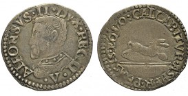 Reggio Emilia Cavallotto 1559-1597

Reggio Emilia, Alfonso II d'Este (1559-1597), Cavallotto s.d., Rara MIR 1344/1 Ag mm 25 g 2,67 BB
