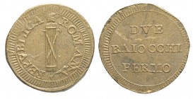 Fermo 2 Baiocchi 1798-1799

Fermo, Repubblica Romana (1798-1799), 2 Baiocchi, Rara Cu mm 35 g 17,69 SPL