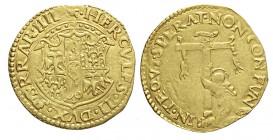 Ferrara Scudo d'oro 1534-1559

Ferrara, Ercole II d'este (1534-1559, Scudo d'oro, Rara MIR 288 Au mm 24,6 g 3,10 leggera tosatura BB+
