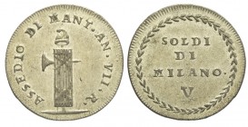 Mantova 5 Soldi 1799

Mantova, Repubblica Cisalpina, Assedio Austro-Russo (1799), 5 Soldi, Mi mm 19 g 2,94, SPL
