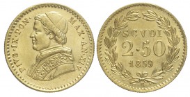Roma 2,5 Scudi 1859 XIV

Roma, Pio IX, 2,5 Scudi 1859 anno XIV, Rara Au mm 19 g 4,33, q.FDC