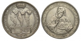 San Marino 20 Lire 1938

San Marino, Vecchia monetazione, 20 Lire 1938, RR Ag mm 35,5 BB-SPL