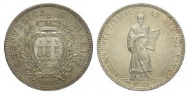 San Marino 5 Lire 1898

San Marino, Vecchia monetazione, 5 Lire 1898, Rara Ag mm 37 SPL-FDC