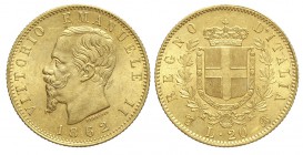 20 Lire 1862

Regno d'Italia, Vittorio Emanuele II, 20 Lire 1862, Au mm 21 g 6,45, SPL-FDC