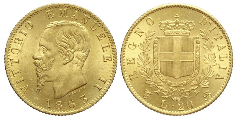 20 Lire 1863

Regno d'Italia, Vittorio Emanuele II, 20 Lire 1863, Au mm 21 g 6...