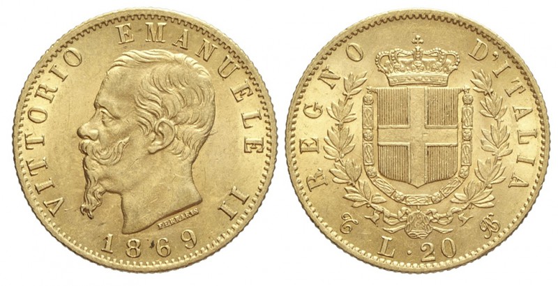 20 Lire 1869

Regno d'Italia, Vittorio Emanuele II, 20 Lire 1869, Au mm 21 g 6...