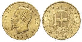 20 Lire 1873

Regno d'Italia, Vittorio Emanuele II, 20 Lire 1873 M, Au mm 21 g 6,45, SPL