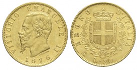 20 Lire 1876

Regno d'Italia, Vittorio Emanuele II, 20 Lire 1876, Au mm 21 g 6,45, SPL