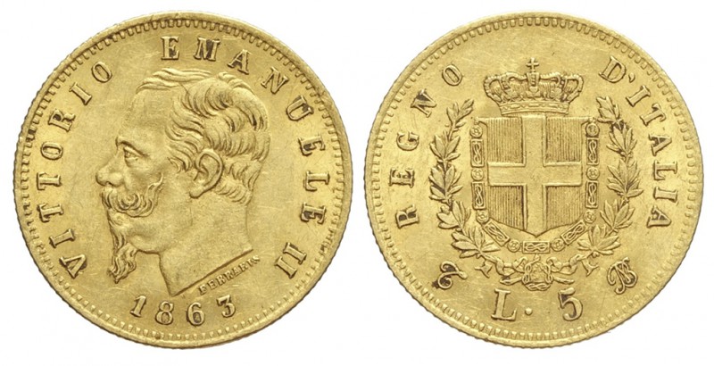 5 Lire 1863

Regno d'Italia, Vittorio Emanuele II, 5 Lire 1863, Au mm 17 g 1,6...