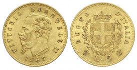 5 Lire 1863

Regno d'Italia, Vittorio Emanuele II, 5 Lire 1863, Au mm 17 g 1,61, SPL