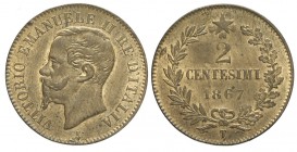2 Centesimi 1867 T

Regno d'Italia, Vittorio Emanuele II, 2 Centesimi 1867 T, Non comune Cu mm 20 rame rosso q.FDC