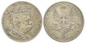 5 Lire 1891

Regno d'Italia, Umberto I Colonia Eritrea, 5 Lire 1891, Rara Ag mm 40 g 28,00, BB