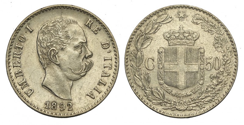 50 Centesimi 1892

Regno d'Italia, Umberto I, 50 Centesimi 1892 RR Ag mm 18 SP...