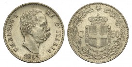 50 Centesimi 1892

Regno d'Italia, Umberto I, 50 Centesimi 1892 RR Ag mm 18 SPL