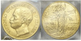 50 Lire 1911

Regno d'Italia, Vittorio Emanuele III, 50 Lire 1911, Rara Au mm 28 g 16,13 sigillata SPL-FDC da E. Tevere