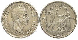 20 Lire 1928 Littore

Regno d'Italia, Vittorio Emanuele III, 20 Lire 1928 "Littore", Non comune Ag mm 35,5 g 15,00, SPL