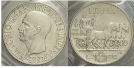 20 Lire 1936

Regno d'Italia, Vittorio Emanuele III, 20 Lire 1936, Rara Ag mm 35,5 sigillata SPL-FDC da A. Bazzoni, segnaliamo una lieve pulitura