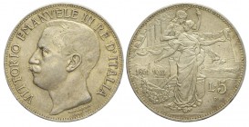 5 Lire 1911

Regno d'Italia, Vittorio Emanuele III, 5 Lire 1911, Rara Ag mm 37 g 25,00, SPL-FDC