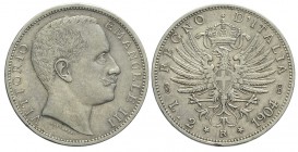 2 Lire 1904

Regno d'Italia, Vittorio Emanuele III, 2 Lire 1904, RR Ag mm 27 g 10,00, due lievi colpetti, BB-SPL