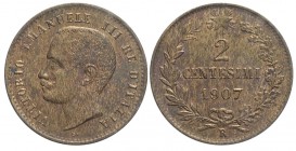 2 Centesimi 1907

Regno d'Italia, Vittorio Emanuele III, 2 Centesimi 1907, RR Cu mm 20 g 1,97, Rame parzialmente rosso, SPL