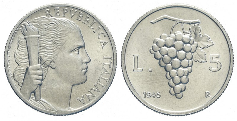 5 Lire 1946

Repubblica Italiana, Monetazione in Lire, 5 Lire 1946, RR It mm 2...
