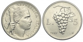 5 Lire 1947

Repubblica Italiana, Monetazione in Lire, 5 Lire 1947, RR, It mm 26,7 g 2,50 SPL-FDC