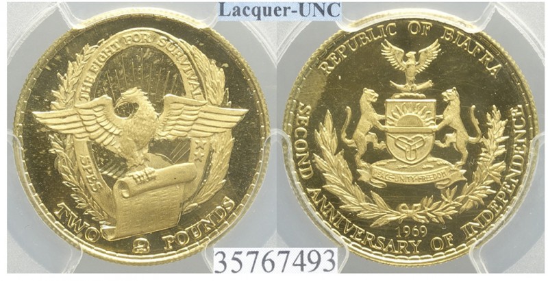 Biafra 2 Pounds 1969

Biafra, 2 Pounds 1969, Au g 7,99, Slab PCGS UNC-Lacquer
