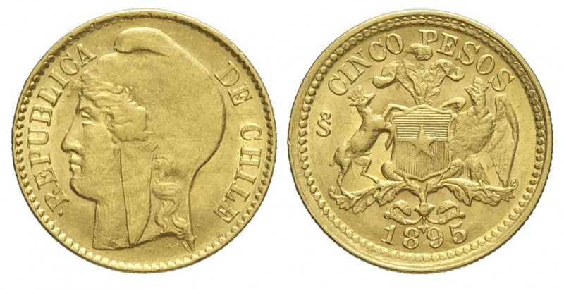 Chile 5 Pesos 1895

Chile, Republic, 5 Pesos 1895, Au mm 16,5 g 2,98 SPL-FDC