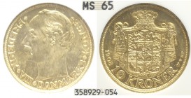 Denmark 10 Kroner 1908

Denmark, Frederik VII, 10 Kroner 1908, Au g 4,48, Slab NGC MS65