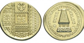 Fiji 25 Dollars 1990

Fiji, Elizabeth II, 25 Dollars (1990), KM-57 (mintage only 443) Au mm 22,5 g 7,97 FDC
