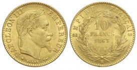 France 10 Francs 1863

France, Napoleon III, 10 Francs 1863 BB, Au mm 19 g 3,22, SPL