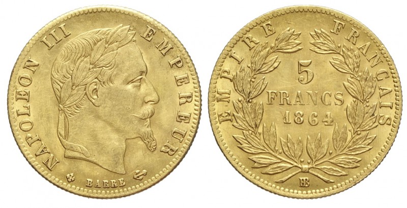 France 5 Francs 1864

France, Napoleon III, 5 Francs 1864 BB, Au mm 16,5 g 1,6...