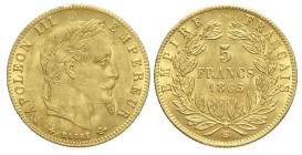 France 5 Francs 1865

France, Napoleon III, 5 Francs 1865 BB, Au mm 16,5 g 1,60, SPL-FDC