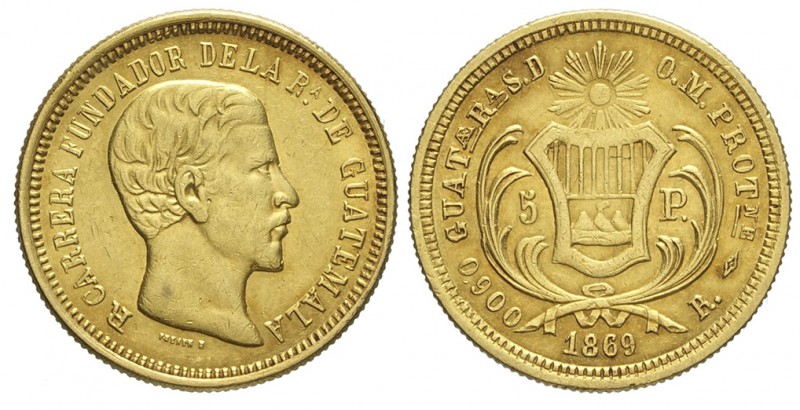 Guatemala 5 Pesos 1869

Guatemala, Republic, 5 Pesos 1869, Au mm 21,5 g 8,06 B...