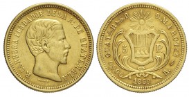 Guatemala 5 Pesos 1869

Guatemala, Republic, 5 Pesos 1869, Au mm 21,5 g 8,06 BB-SPL